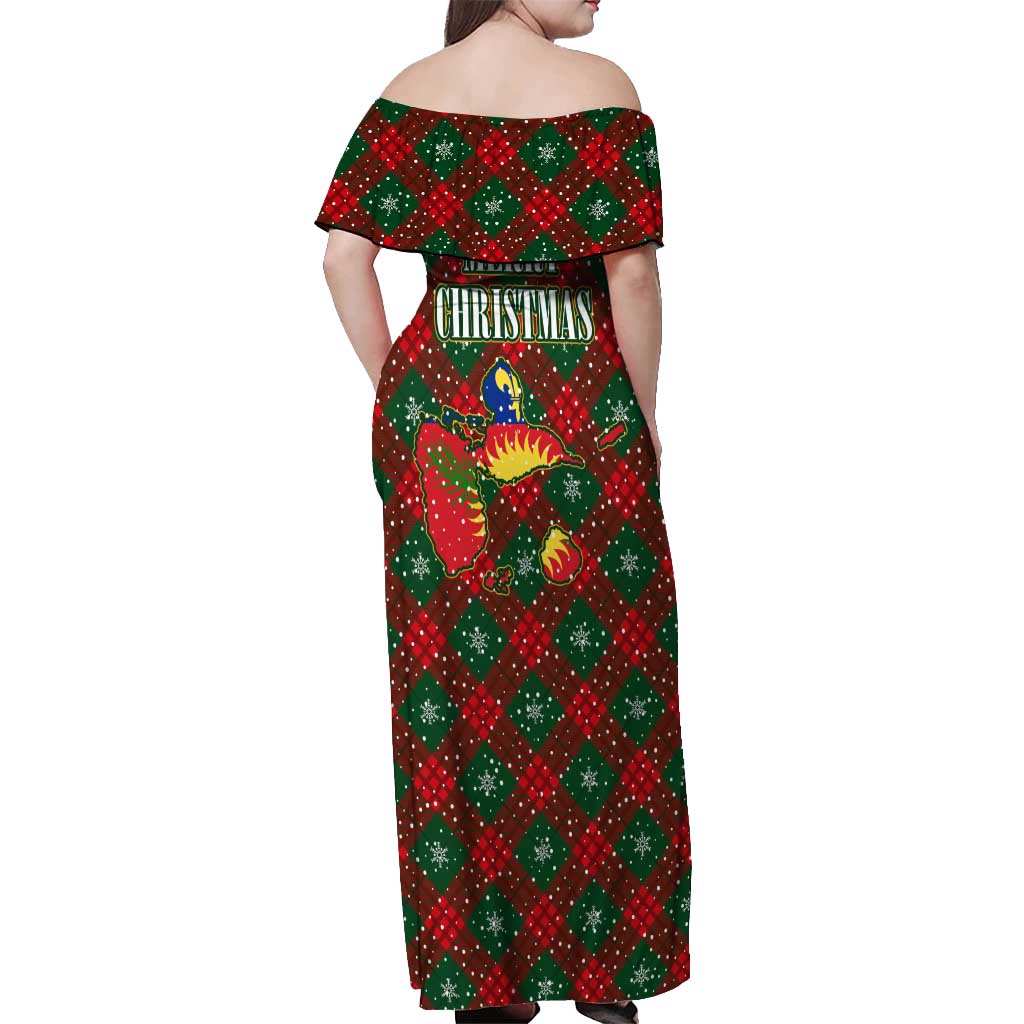 Guadeloupe Christmas Off Shoulder Maxi Dress with Green-Red Plaid Design, Island Map, and Traditional Santa Motif - Wonder Print Shop