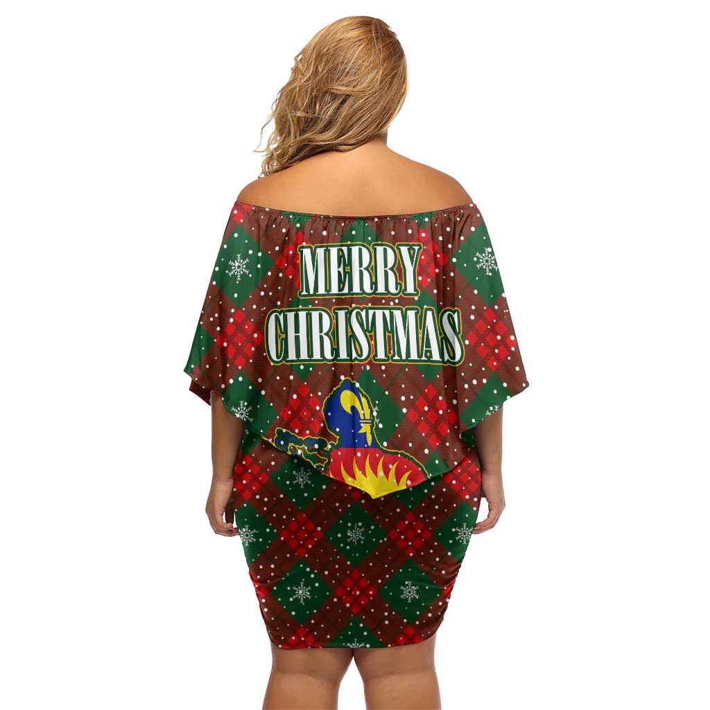 Guadeloupe Christmas Off Shoulder Short Dress with Green-Red Plaid Design, Island Map, and Traditional Santa Motif - Wonder Print Shop