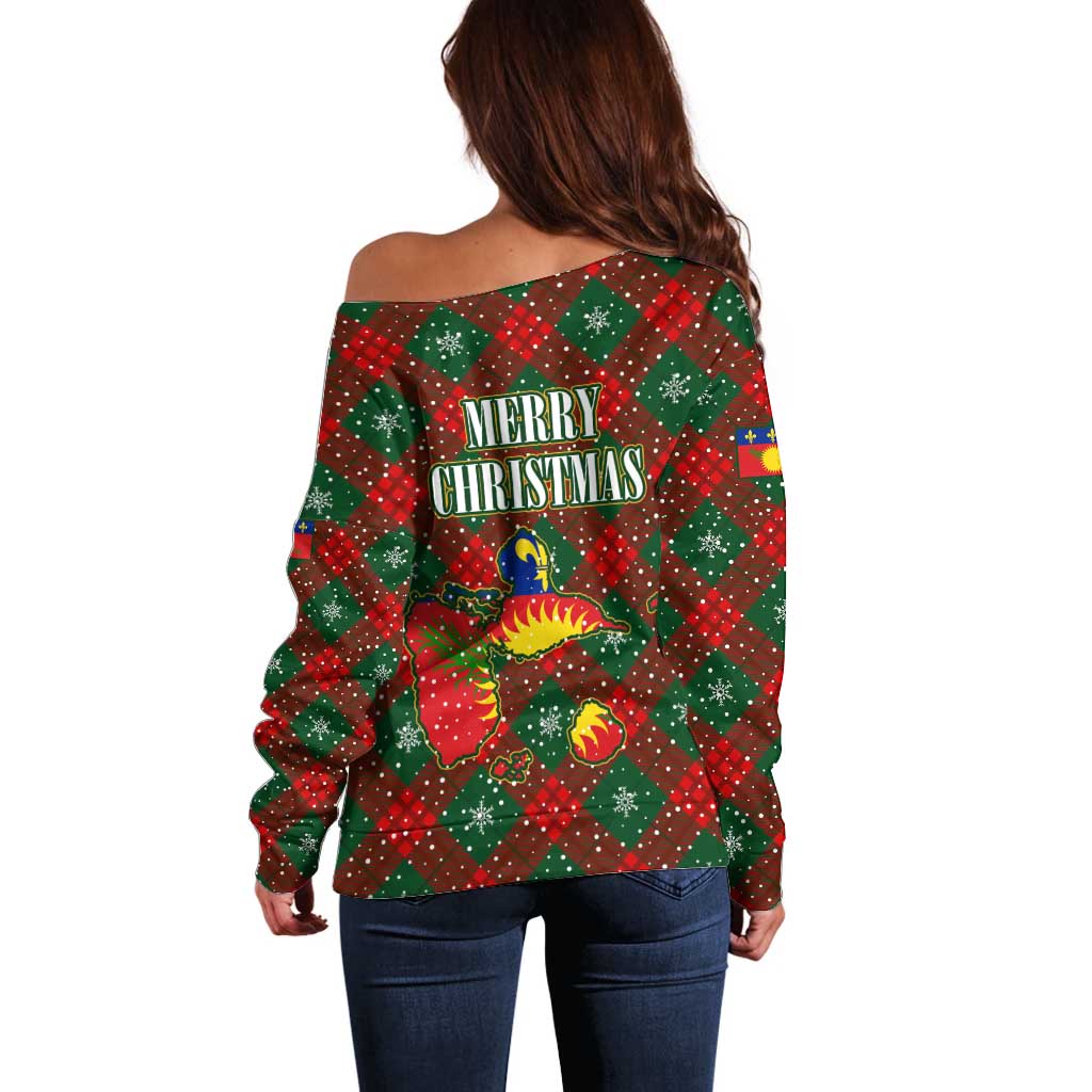 Guadeloupe Christmas Off Shoulder Sweater with Green-Red Plaid Design, Island Map, and Traditional Santa Motif - Wonder Print Shop