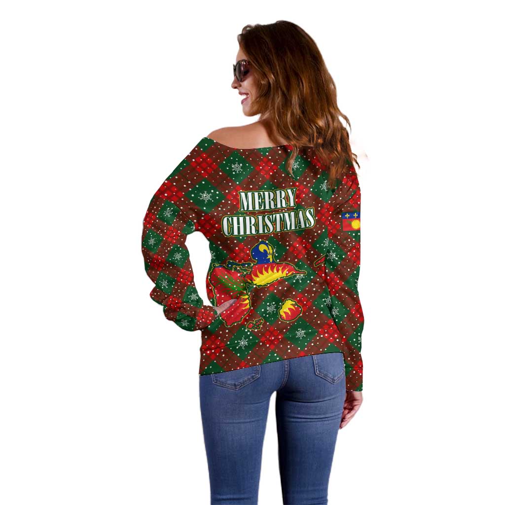 Guadeloupe Christmas Off Shoulder Sweater with Green-Red Plaid Design, Island Map, and Traditional Santa Motif - Wonder Print Shop