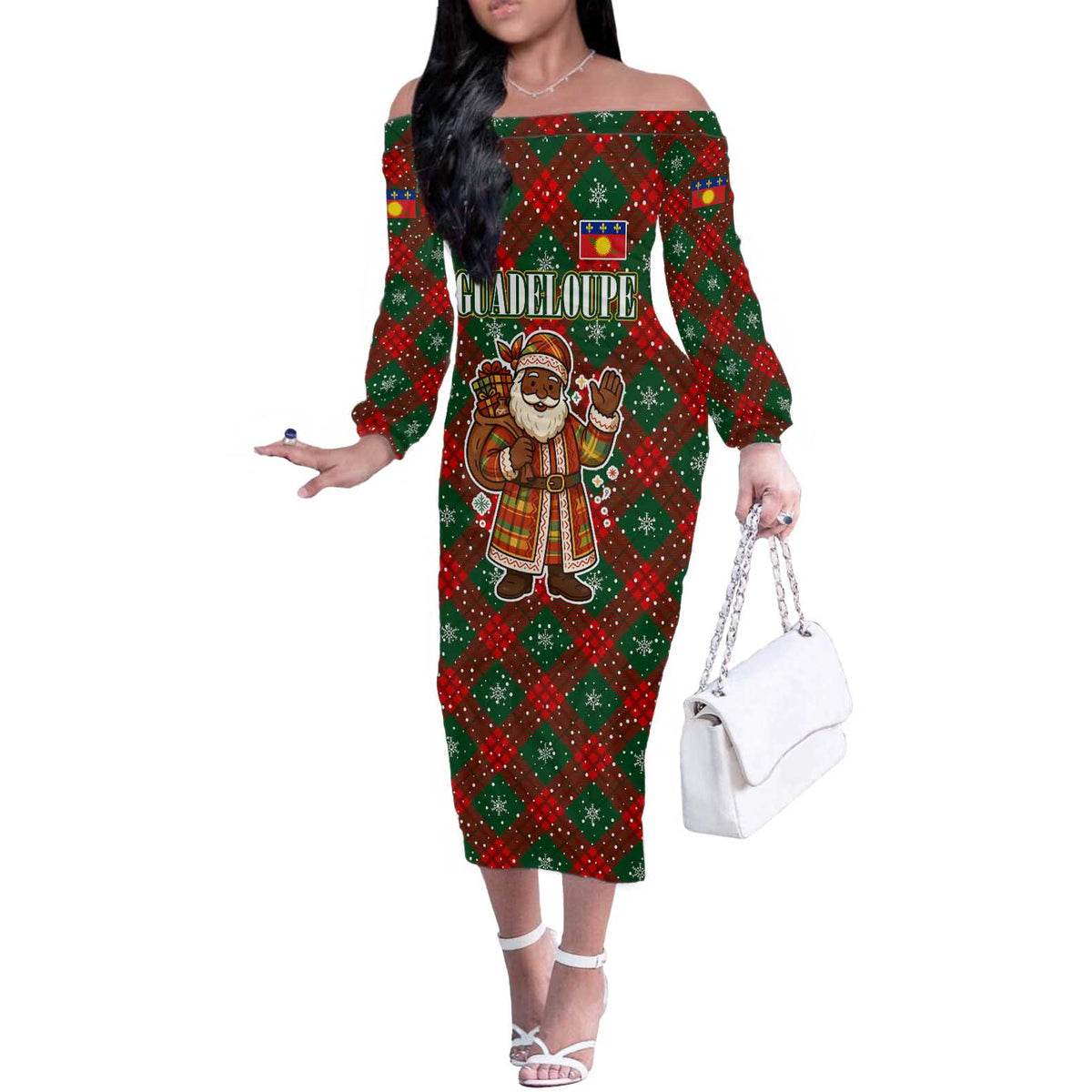 Guadeloupe Christmas Off The Shoulder Long Sleeve Dress with Green-Red Plaid Design, Island Map, and Traditional Santa Motif - Wonder Print Shop