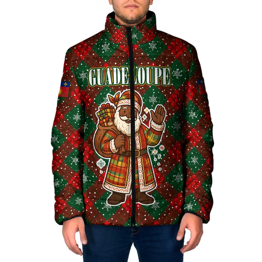 Guadeloupe Christmas Padded Jacket with Green-Red Plaid Design, Island Map, and Traditional Santa Motif - Wonder Print Shop