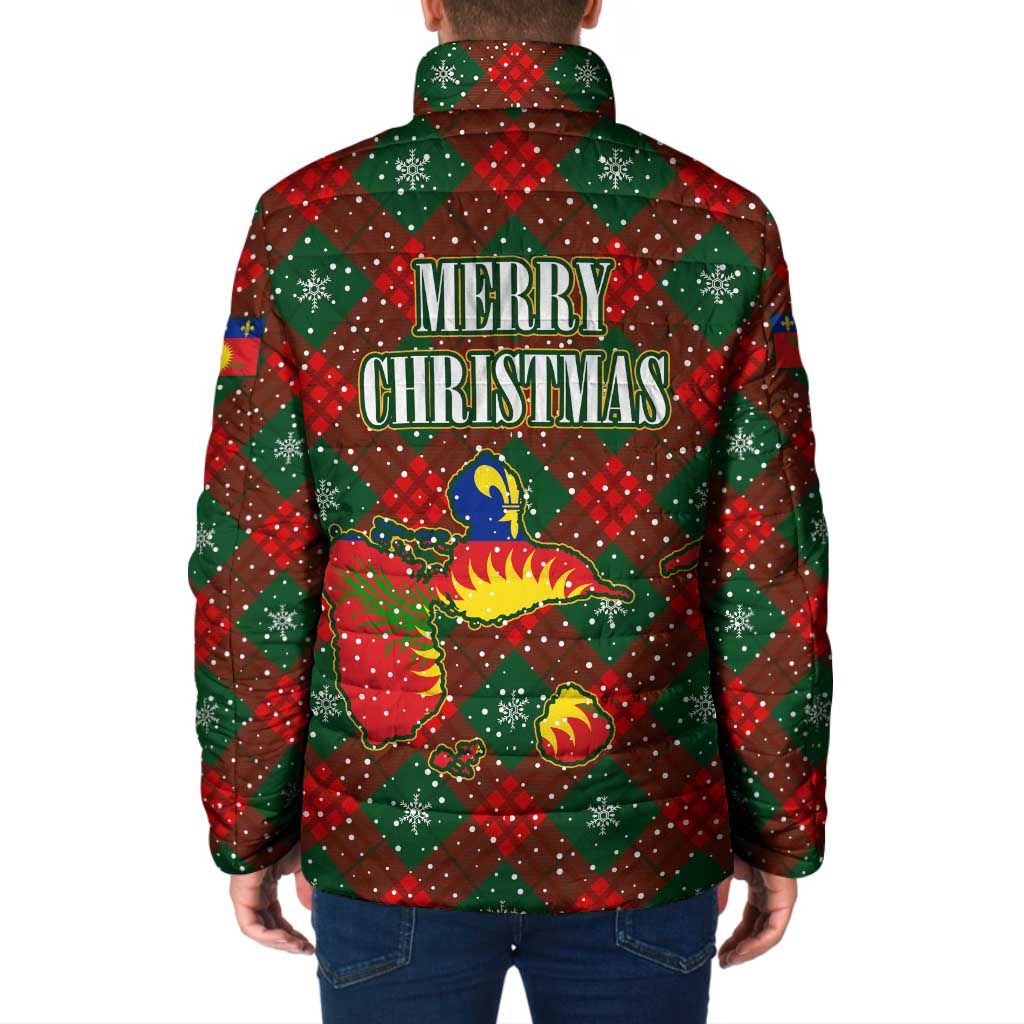 Guadeloupe Christmas Padded Jacket with Green-Red Plaid Design, Island Map, and Traditional Santa Motif - Wonder Print Shop