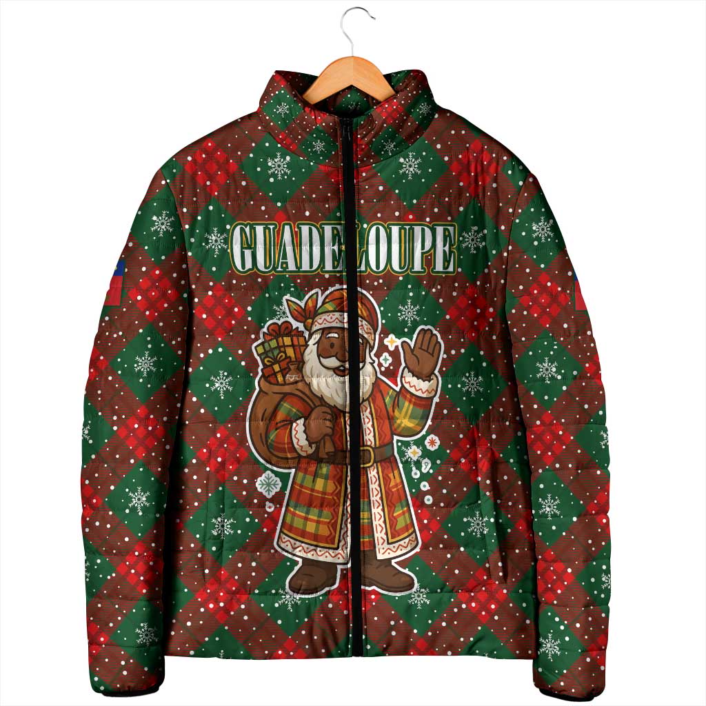 Guadeloupe Christmas Padded Jacket with Green-Red Plaid Design, Island Map, and Traditional Santa Motif - Wonder Print Shop