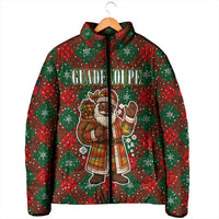 Guadeloupe Christmas Padded Jacket with Green-Red Plaid Design, Island Map, and Traditional Santa Motif - Wonder Print Shop