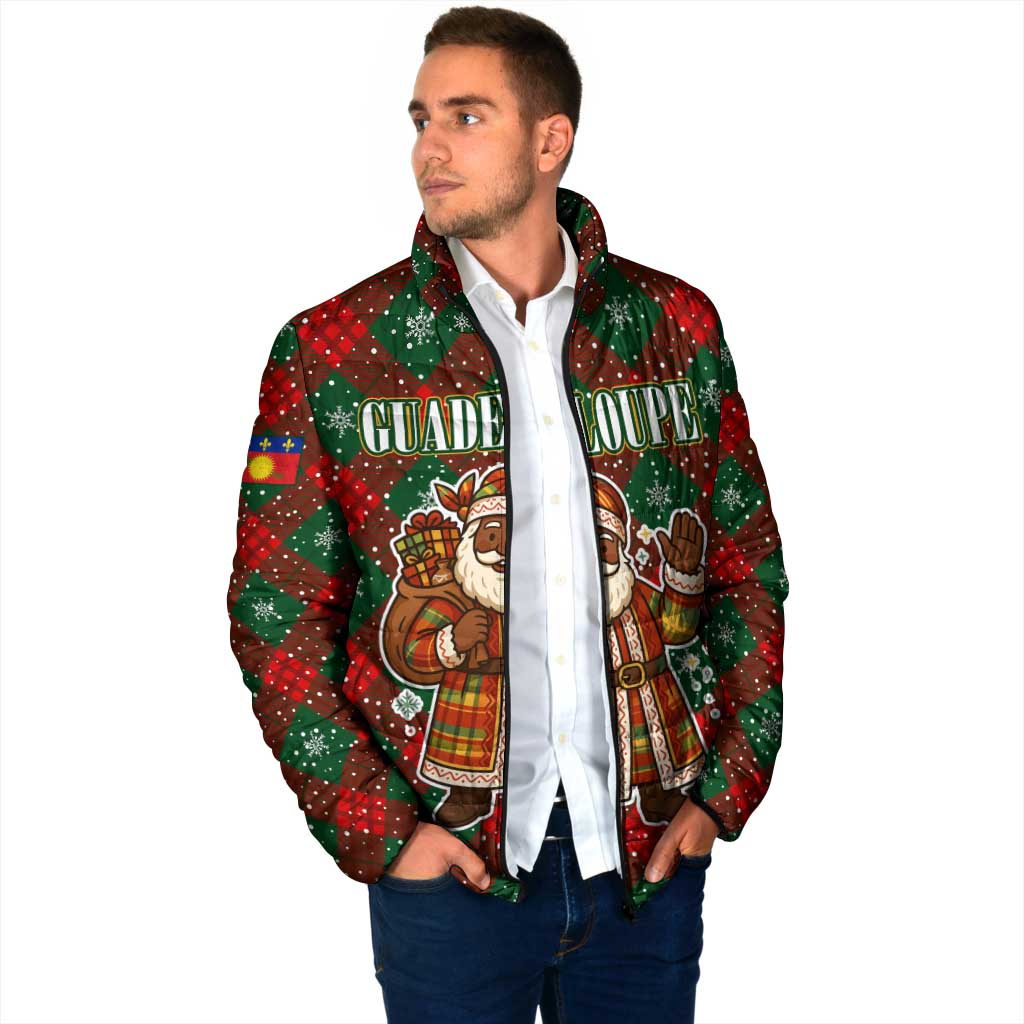 Guadeloupe Christmas Padded Jacket with Green-Red Plaid Design, Island Map, and Traditional Santa Motif - Wonder Print Shop