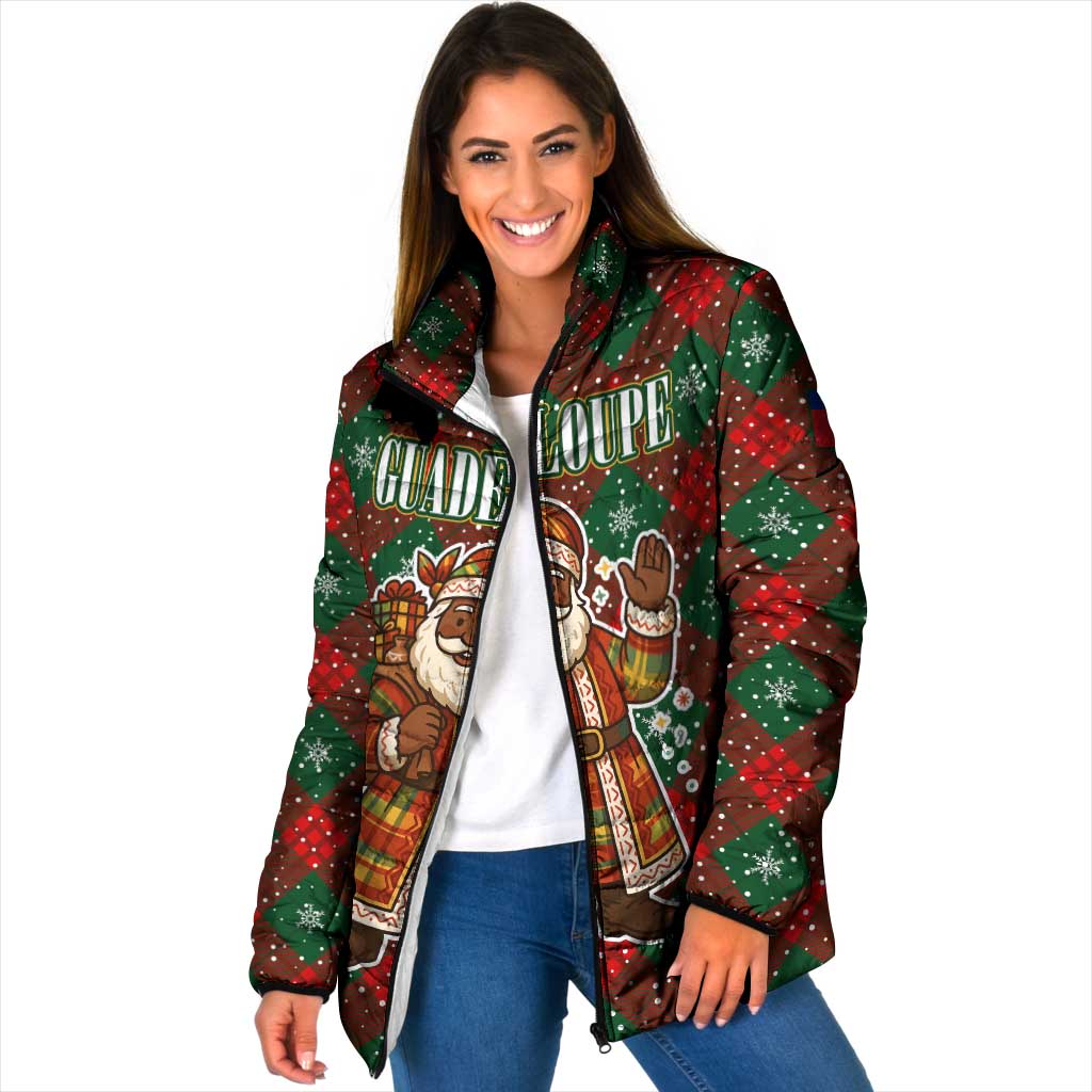 Guadeloupe Christmas Padded Jacket with Green-Red Plaid Design, Island Map, and Traditional Santa Motif - Wonder Print Shop