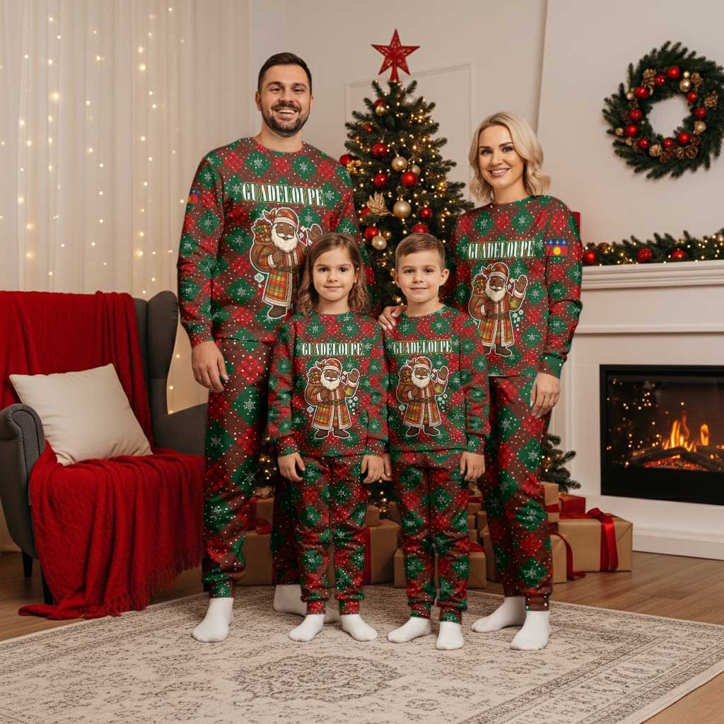 Guadeloupe Christmas Pajama Set with Green-Red Plaid Design, Island Map, and Traditional Santa Motif - Wonder Print Shop