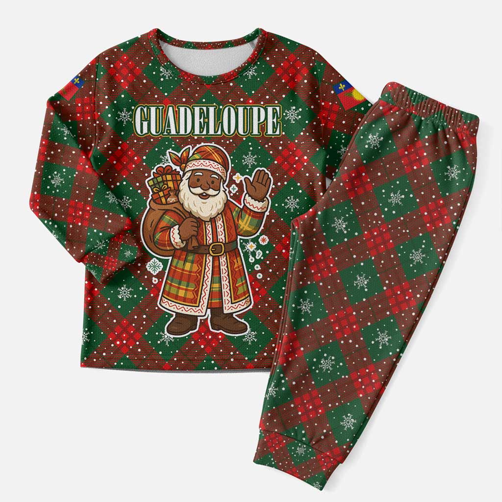 Guadeloupe Christmas Pajama Set with Green-Red Plaid Design, Island Map, and Traditional Santa Motif - Wonder Print Shop