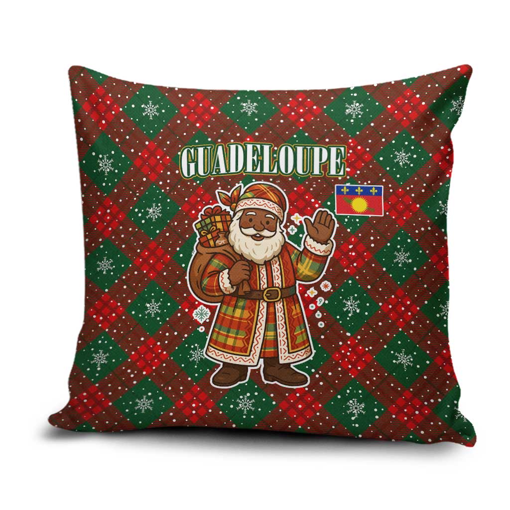 Guadeloupe Christmas Pillow Cover with Green-Red Plaid Design, Island Map, and Traditional Santa Motif - Wonder Print Shop