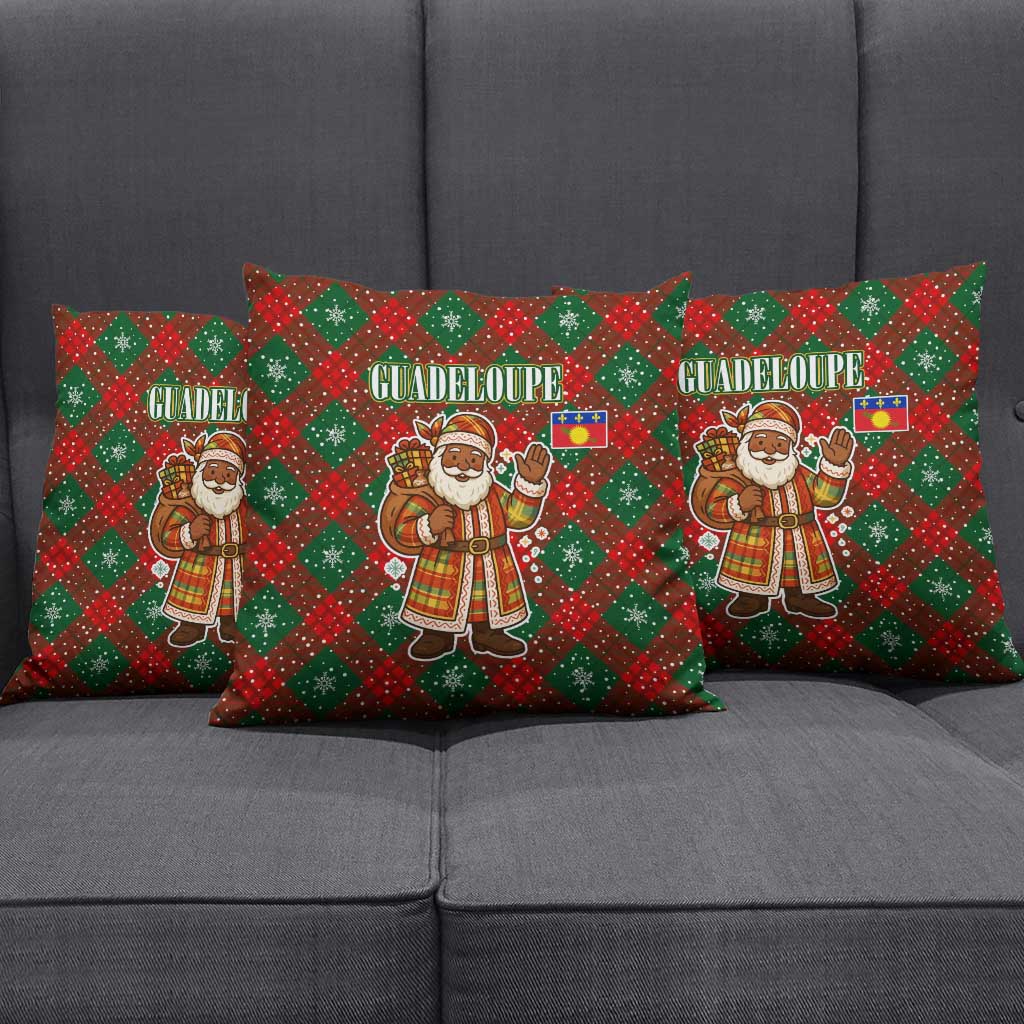 Guadeloupe Christmas Pillow Cover with Green-Red Plaid Design, Island Map, and Traditional Santa Motif - Wonder Print Shop
