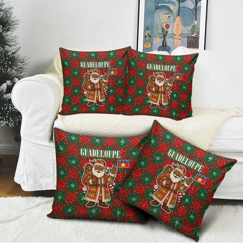 Guadeloupe Christmas Pillow Cover with Green-Red Plaid Design, Island Map, and Traditional Santa Motif - Wonder Print Shop