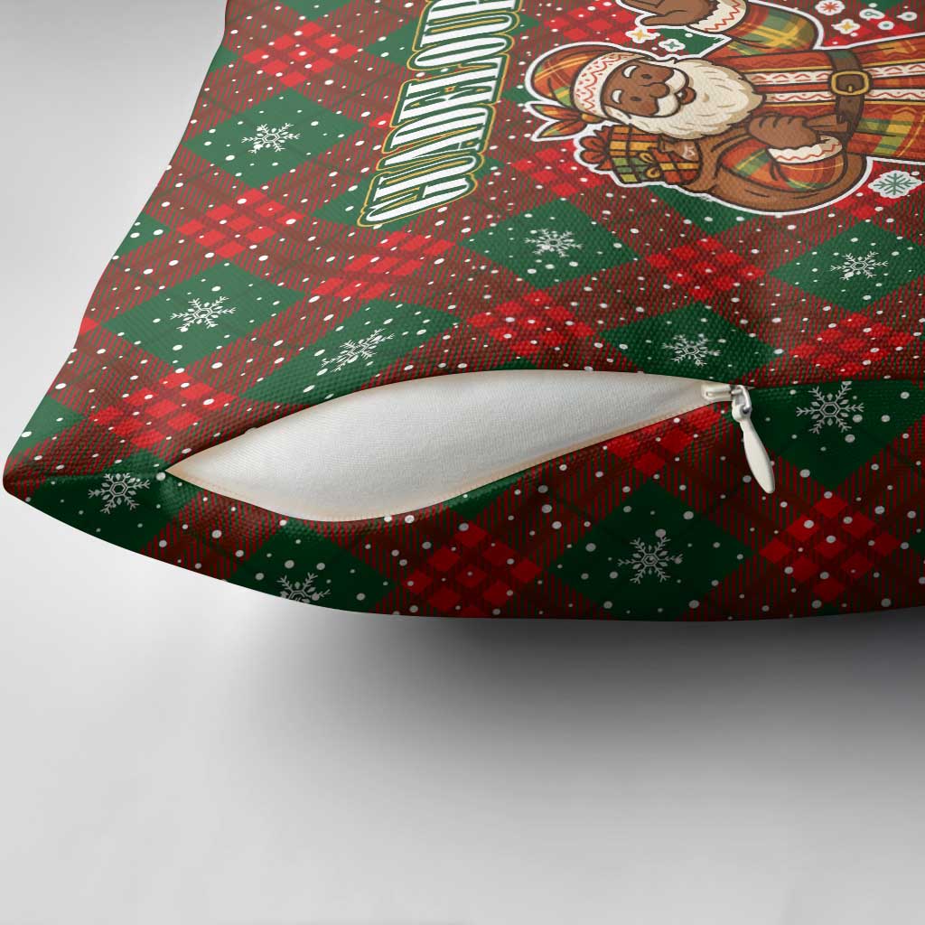 Guadeloupe Christmas Pillow Cover with Green-Red Plaid Design, Island Map, and Traditional Santa Motif - Wonder Print Shop