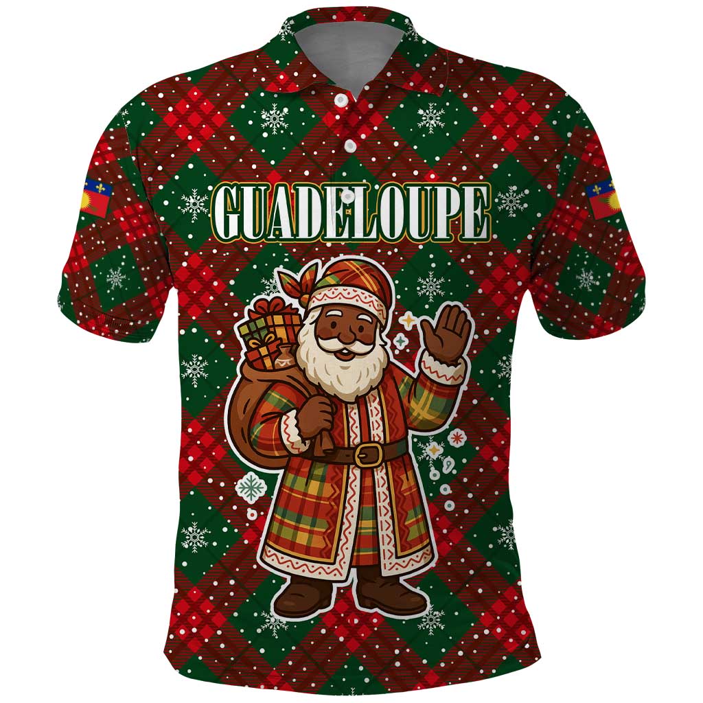 Guadeloupe Christmas Polo Shirt with Green-Red Plaid Design, Island Map, and Traditional Santa Motif - Wonder Print Shop