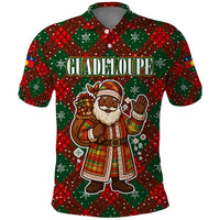 Guadeloupe Christmas Polo Shirt with Green-Red Plaid Design, Island Map, and Traditional Santa Motif - Wonder Print Shop
