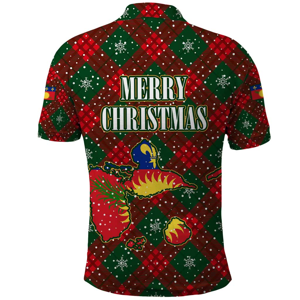 Guadeloupe Christmas Polo Shirt with Green-Red Plaid Design, Island Map, and Traditional Santa Motif - Wonder Print Shop
