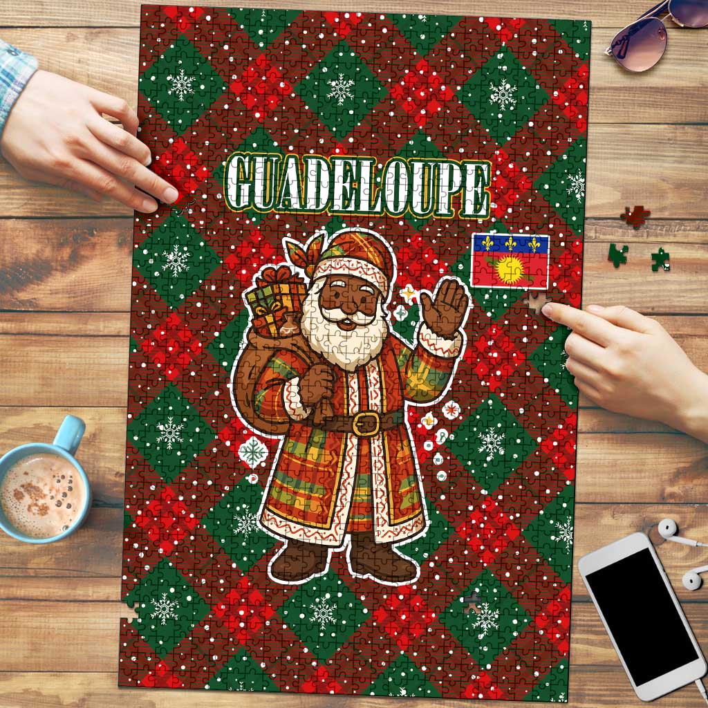 Guadeloupe Christmas Puzzle with Green-Red Plaid Design, Island Map, and Traditional Santa Motif - Wonder Print Shop