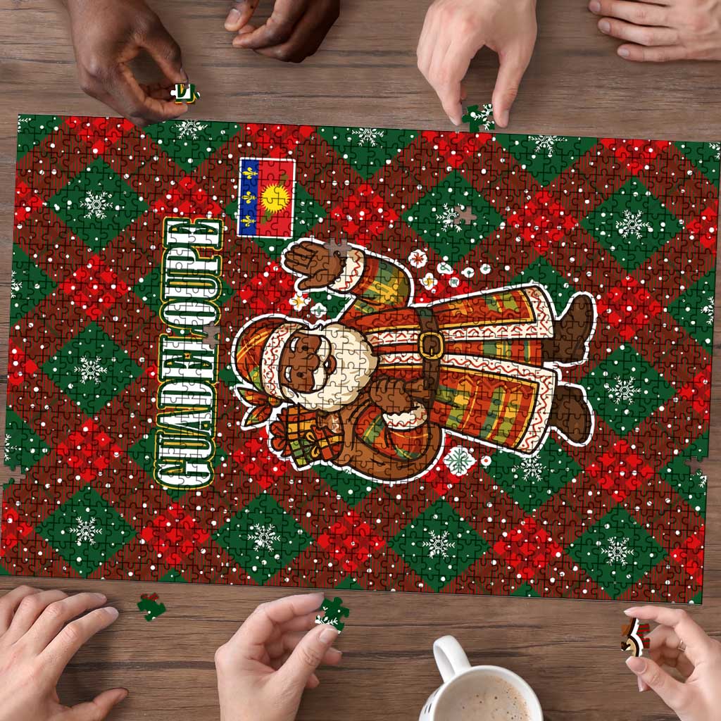 Guadeloupe Christmas Puzzle with Green-Red Plaid Design, Island Map, and Traditional Santa Motif - Wonder Print Shop