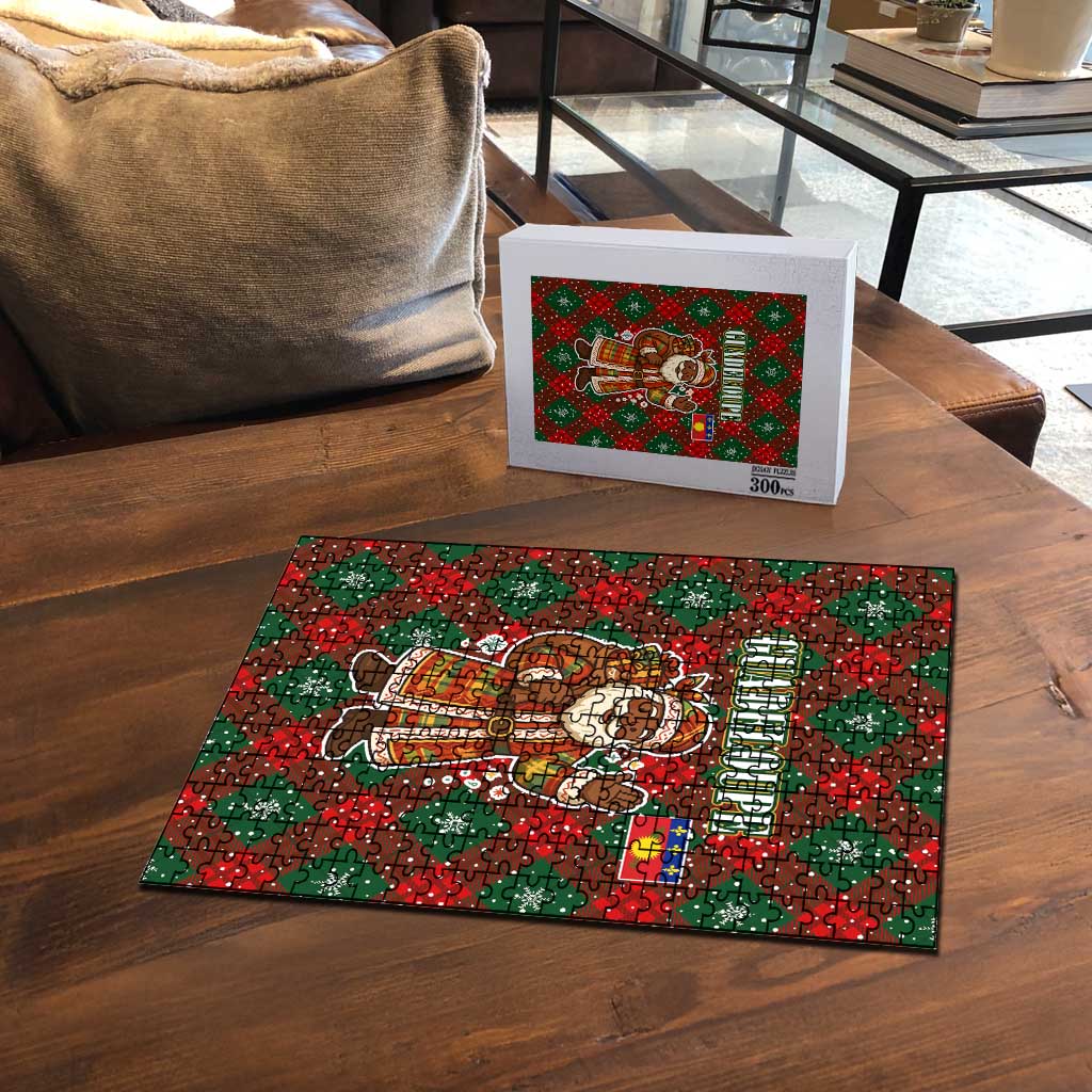 Guadeloupe Christmas Puzzle with Green-Red Plaid Design, Island Map, and Traditional Santa Motif - Wonder Print Shop