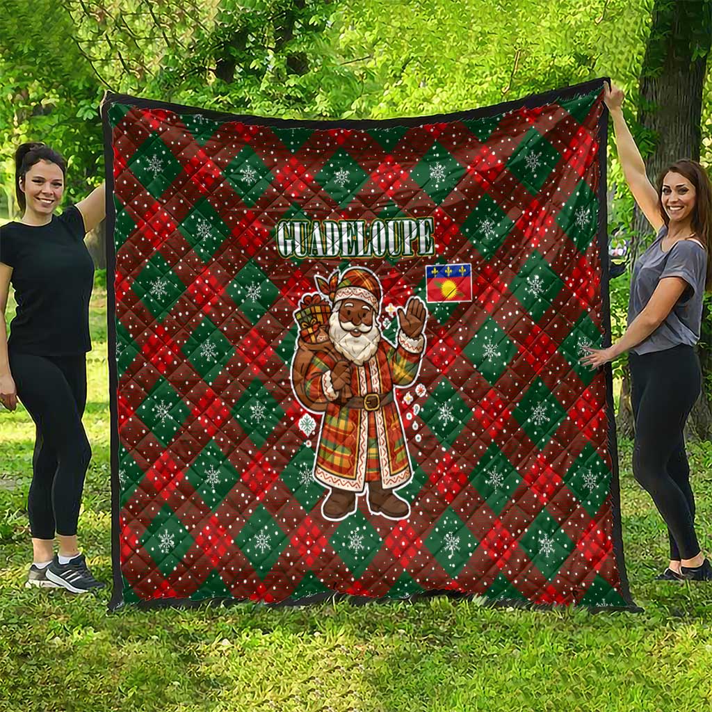 Guadeloupe Christmas Quilt with Green-Red Plaid Design, Island Map, and Traditional Santa Motif - Wonder Print Shop