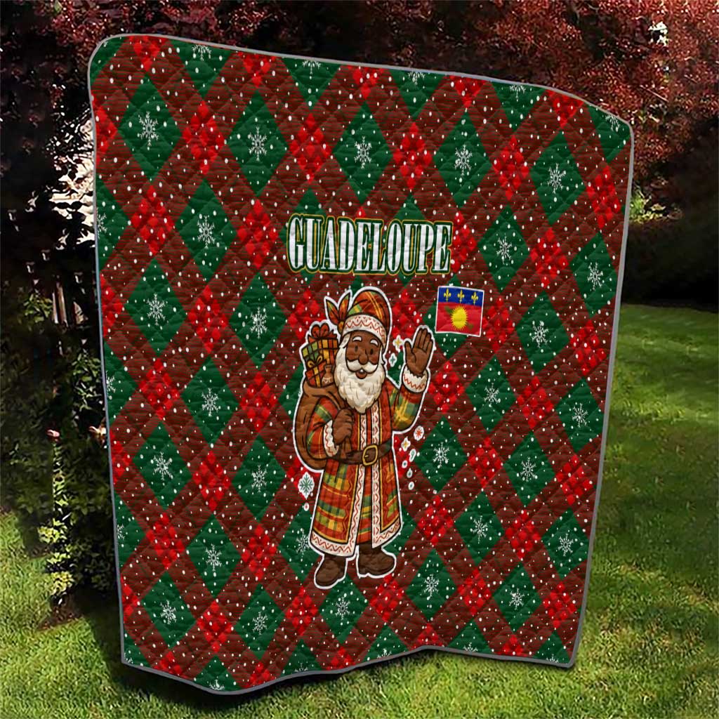 Guadeloupe Christmas Quilt with Green-Red Plaid Design, Island Map, and Traditional Santa Motif - Wonder Print Shop