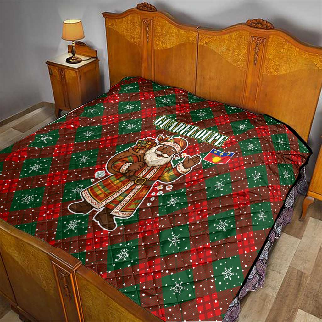 Guadeloupe Christmas Quilt with Green-Red Plaid Design, Island Map, and Traditional Santa Motif - Wonder Print Shop