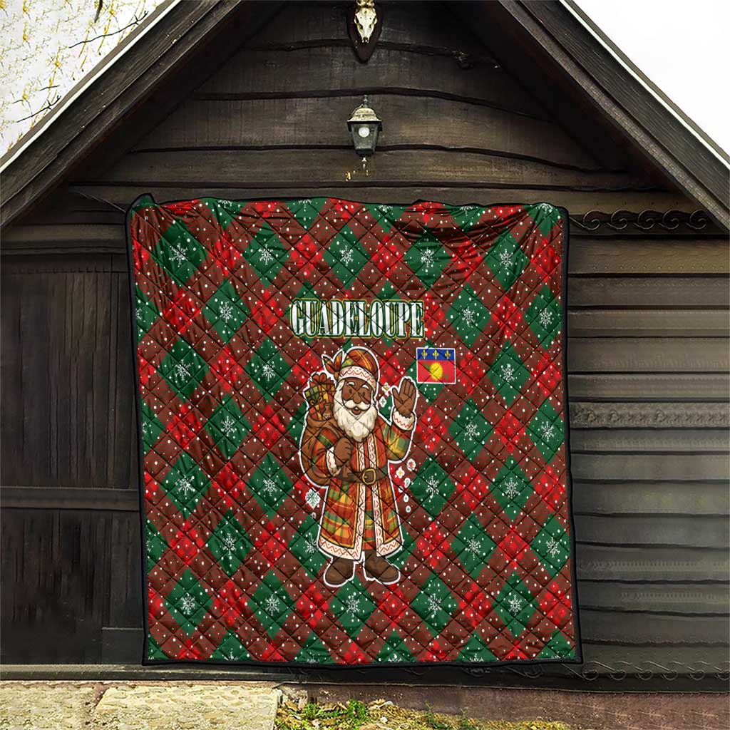 Guadeloupe Christmas Quilt with Green-Red Plaid Design, Island Map, and Traditional Santa Motif - Wonder Print Shop