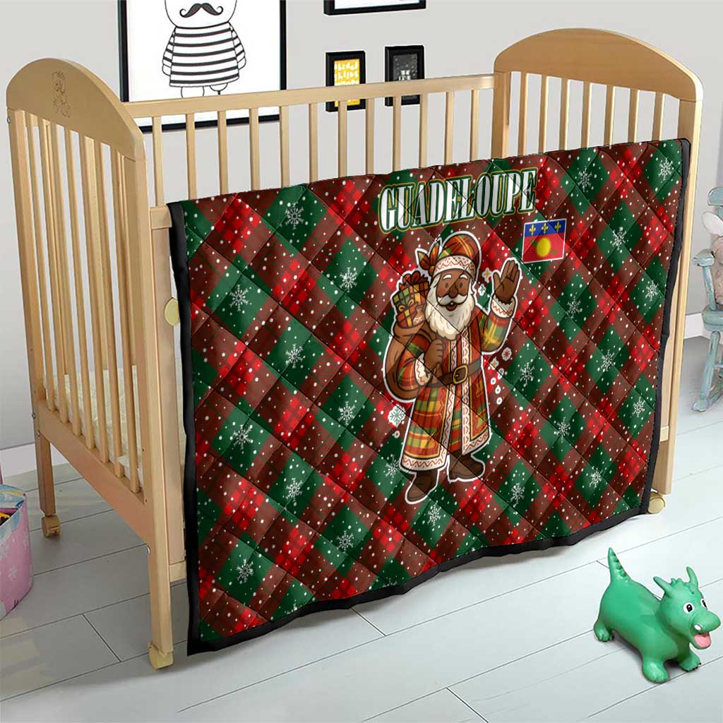 Guadeloupe Christmas Quilt with Green-Red Plaid Design, Island Map, and Traditional Santa Motif - Wonder Print Shop