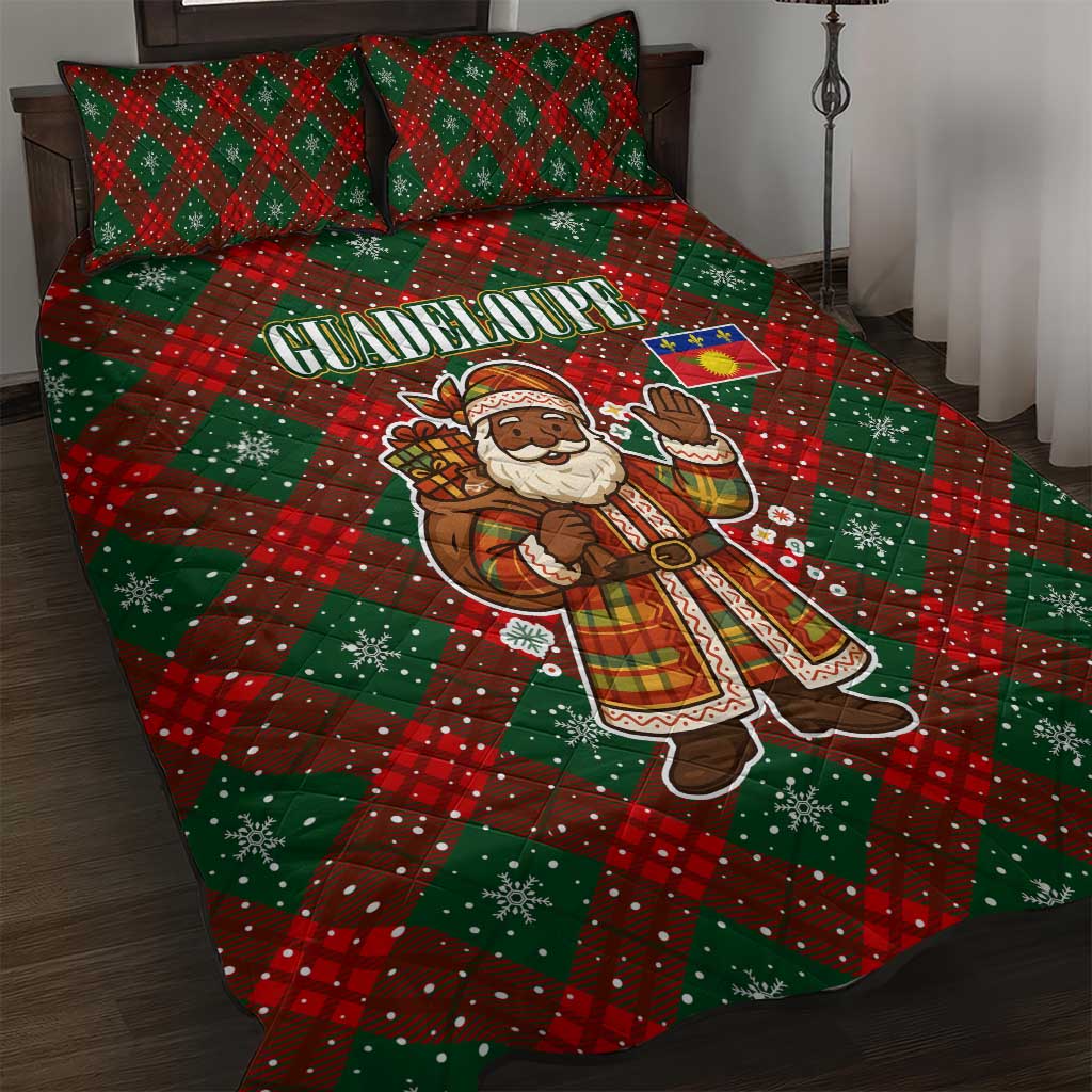 Guadeloupe Christmas Quilt Bed Set with Green-Red Plaid Design, Island Map, and Traditional Santa Motif - Wonder Print Shop