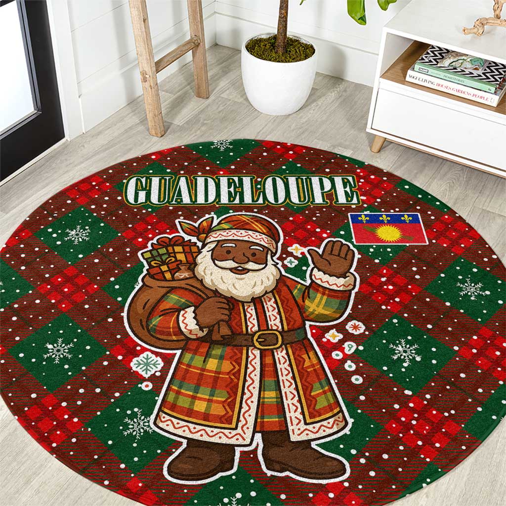 Guadeloupe Christmas Round Carpet with Green-Red Plaid Design, Island Map, and Traditional Santa Motif - Wonder Print Shop
