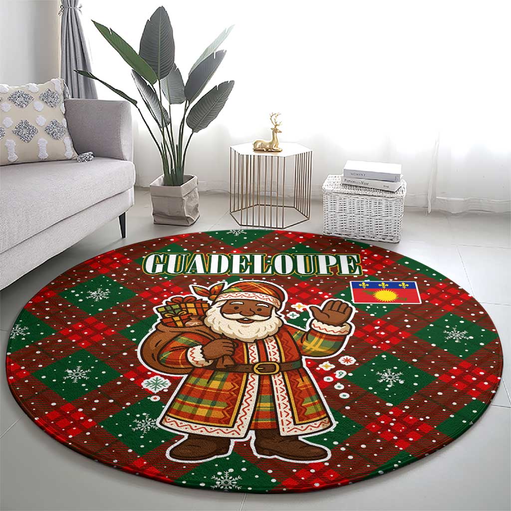 Guadeloupe Christmas Round Carpet with Green-Red Plaid Design, Island Map, and Traditional Santa Motif - Wonder Print Shop