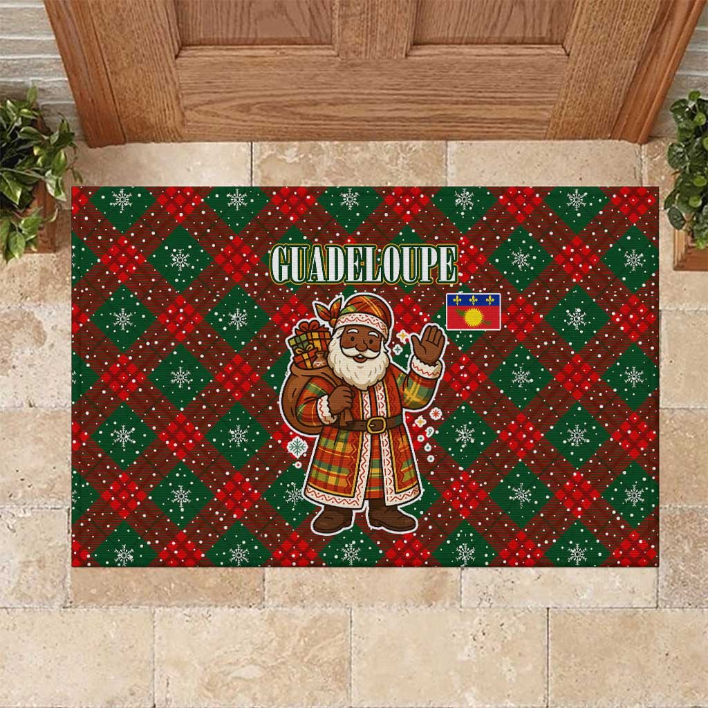 Guadeloupe Christmas Rubber Doormat with Green-Red Plaid Design, Island Map, and Traditional Santa Motif - Wonder Print Shop