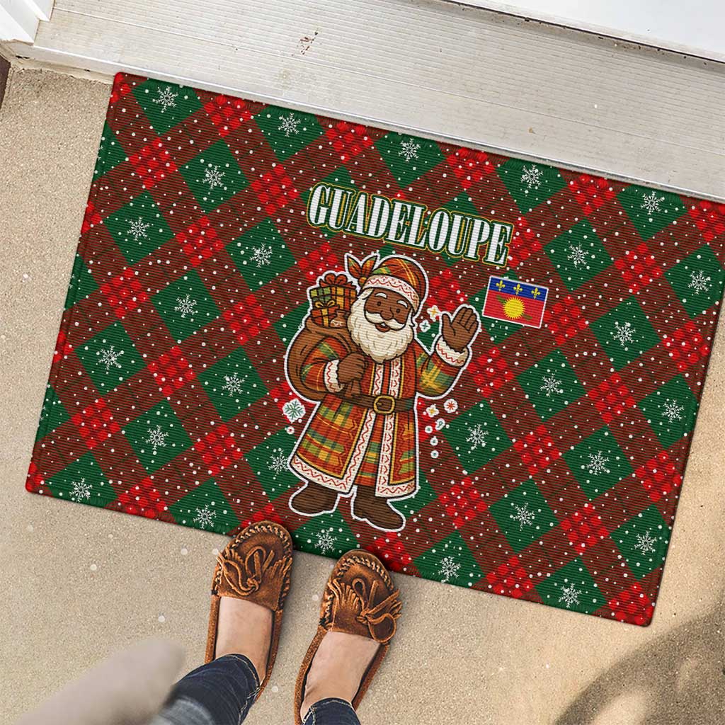 Guadeloupe Christmas Rubber Doormat with Green-Red Plaid Design, Island Map, and Traditional Santa Motif - Wonder Print Shop