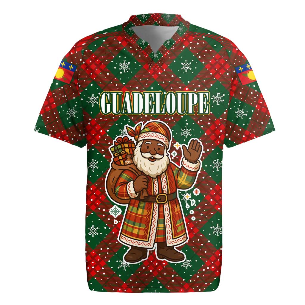 Guadeloupe Christmas Rugby Jersey with Green-Red Plaid Design, Island Map, and Traditional Santa Motif - Wonder Print Shop