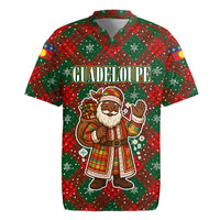 Guadeloupe Christmas Rugby Jersey with Green-Red Plaid Design, Island Map, and Traditional Santa Motif - Wonder Print Shop