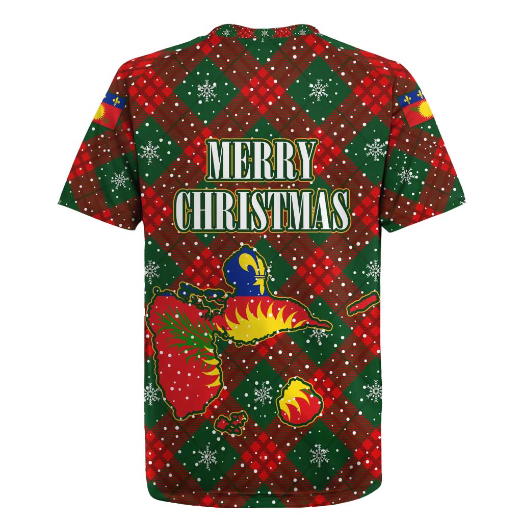 Guadeloupe Christmas Rugby Jersey with Green-Red Plaid Design, Island Map, and Traditional Santa Motif - Wonder Print Shop