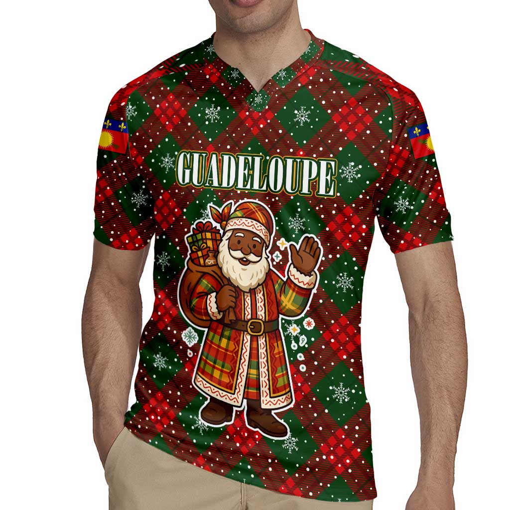 Guadeloupe Christmas Rugby Jersey with Green-Red Plaid Design, Island Map, and Traditional Santa Motif - Wonder Print Shop
