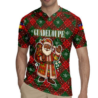 Guadeloupe Christmas Rugby Jersey with Green-Red Plaid Design, Island Map, and Traditional Santa Motif - Wonder Print Shop