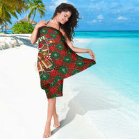 Guadeloupe Christmas Sarong with Green-Red Plaid Design, Island Map, and Traditional Santa Motif - Wonder Print Shop
