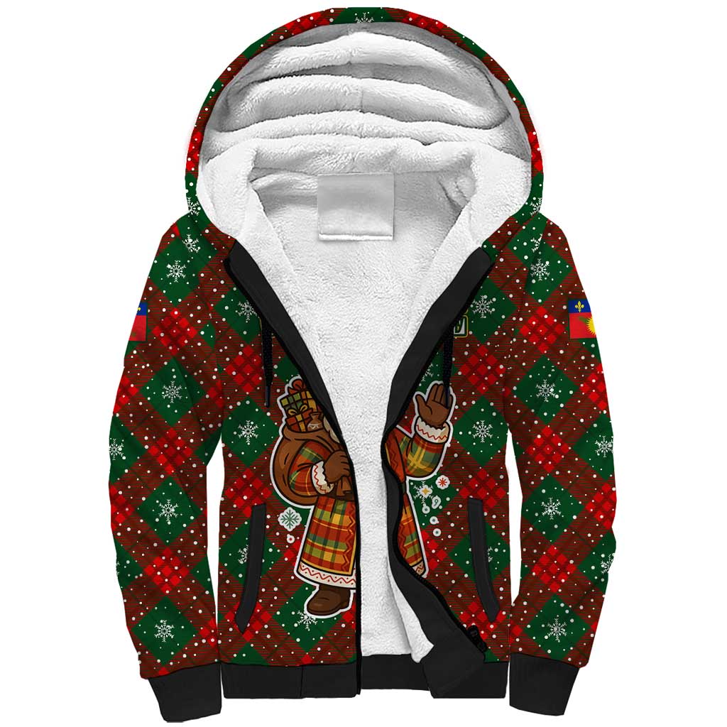 Guadeloupe Christmas Sherpa Hoodie with Green-Red Plaid Design, Island Map, and Traditional Santa Motif - Wonder Print Shop