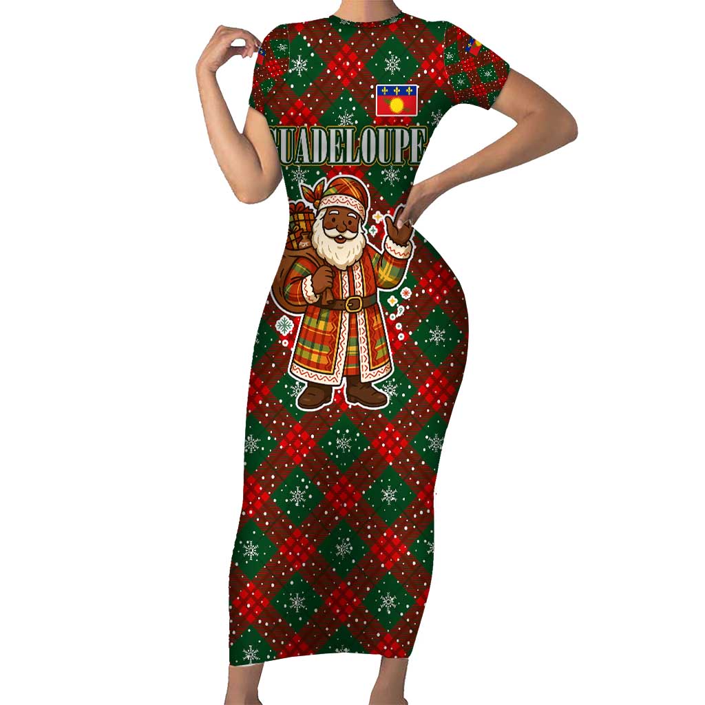 Guadeloupe Christmas Short Sleeve Bodycon Dress with Green-Red Plaid Design, Island Map, and Traditional Santa Motif - Wonder Print Shop