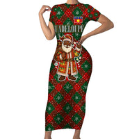 Guadeloupe Christmas Short Sleeve Bodycon Dress with Green-Red Plaid Design, Island Map, and Traditional Santa Motif - Wonder Print Shop