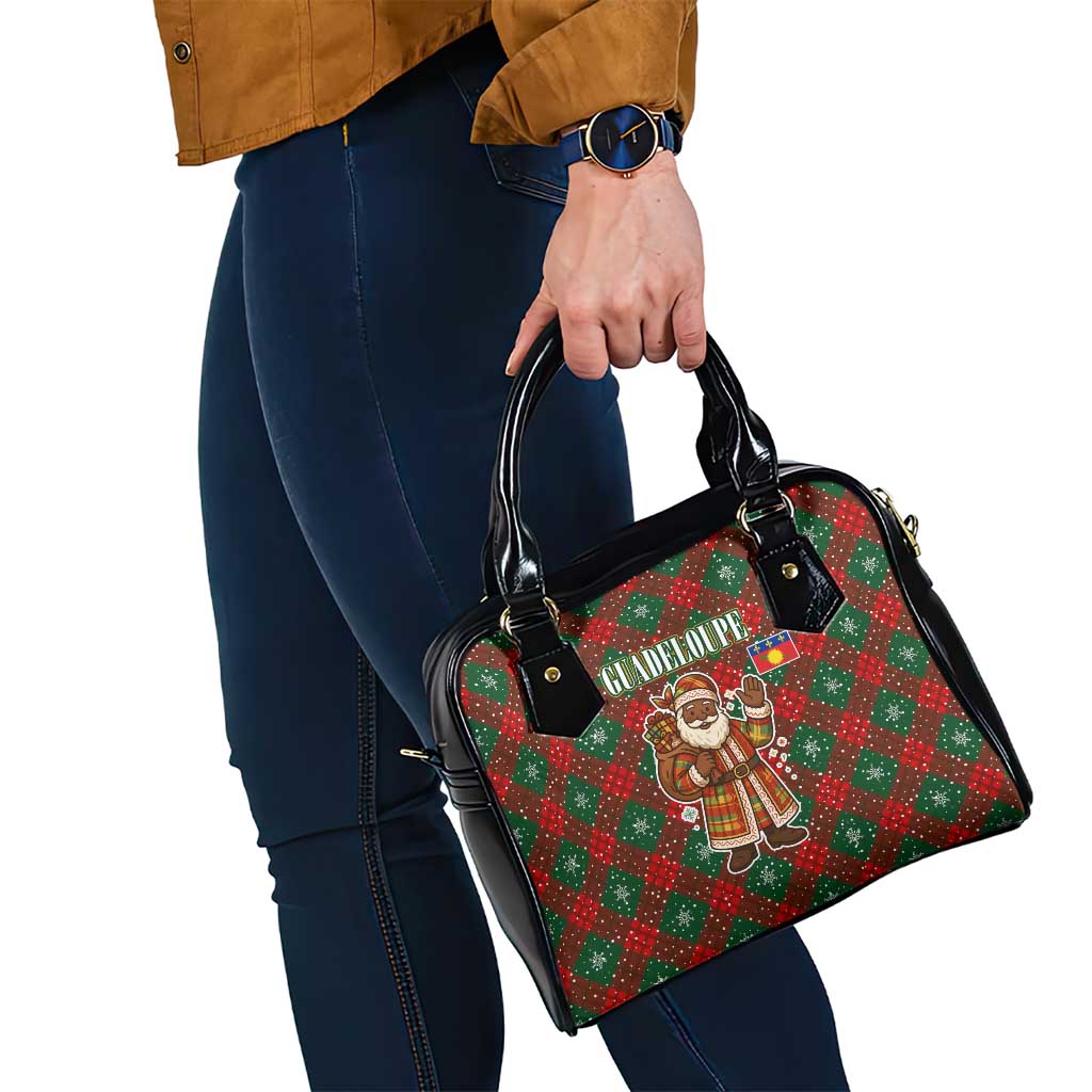 Guadeloupe Christmas Shoulder Handbag with Green-Red Plaid Design, Island Map, and Traditional Santa Motif - Wonder Print Shop