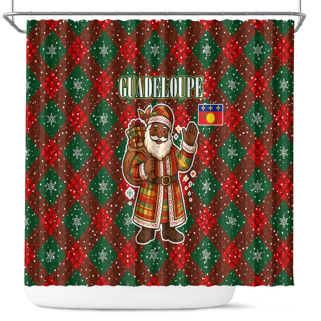 Guadeloupe Christmas Shower Curtain with Green-Red Plaid Design, Island Map, and Traditional Santa Motif - Wonder Print Shop