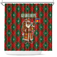 Guadeloupe Christmas Shower Curtain with Green-Red Plaid Design, Island Map, and Traditional Santa Motif - Wonder Print Shop