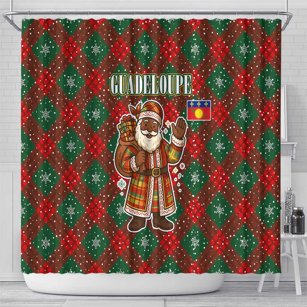 Guadeloupe Christmas Shower Curtain with Green-Red Plaid Design, Island Map, and Traditional Santa Motif - Wonder Print Shop