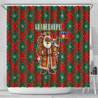 Guadeloupe Christmas Shower Curtain with Green-Red Plaid Design, Island Map, and Traditional Santa Motif - Wonder Print Shop