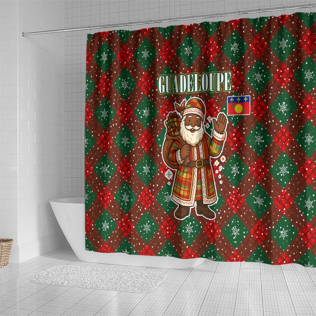 Guadeloupe Christmas Shower Curtain with Green-Red Plaid Design, Island Map, and Traditional Santa Motif - Wonder Print Shop