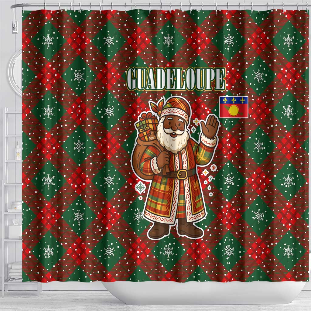 Guadeloupe Christmas Shower Curtain with Green-Red Plaid Design, Island Map, and Traditional Santa Motif - Wonder Print Shop
