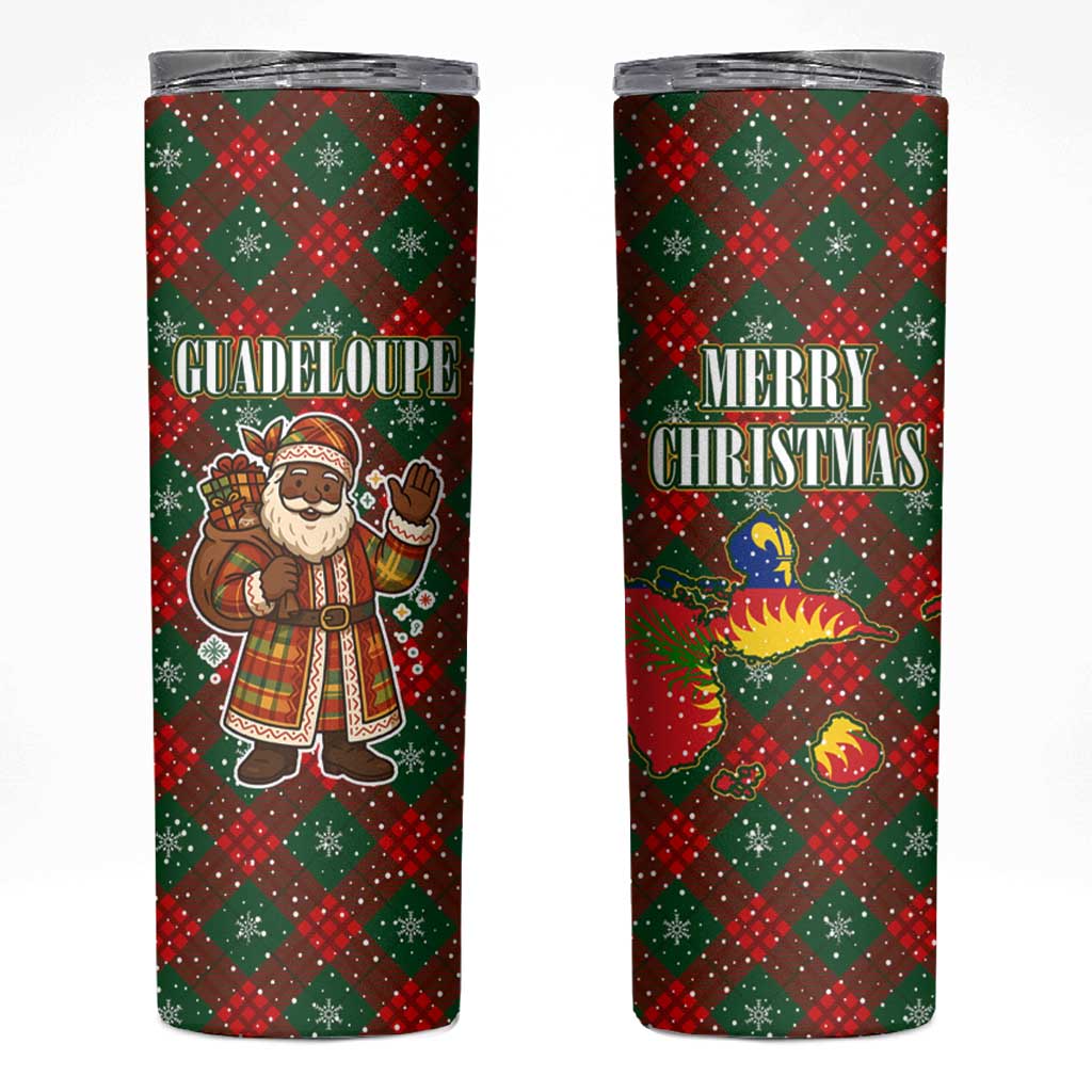 Guadeloupe Christmas Skinny Tumbler with Green-Red Plaid Design, Island Map, and Traditional Santa Motif - Wonder Print Shop